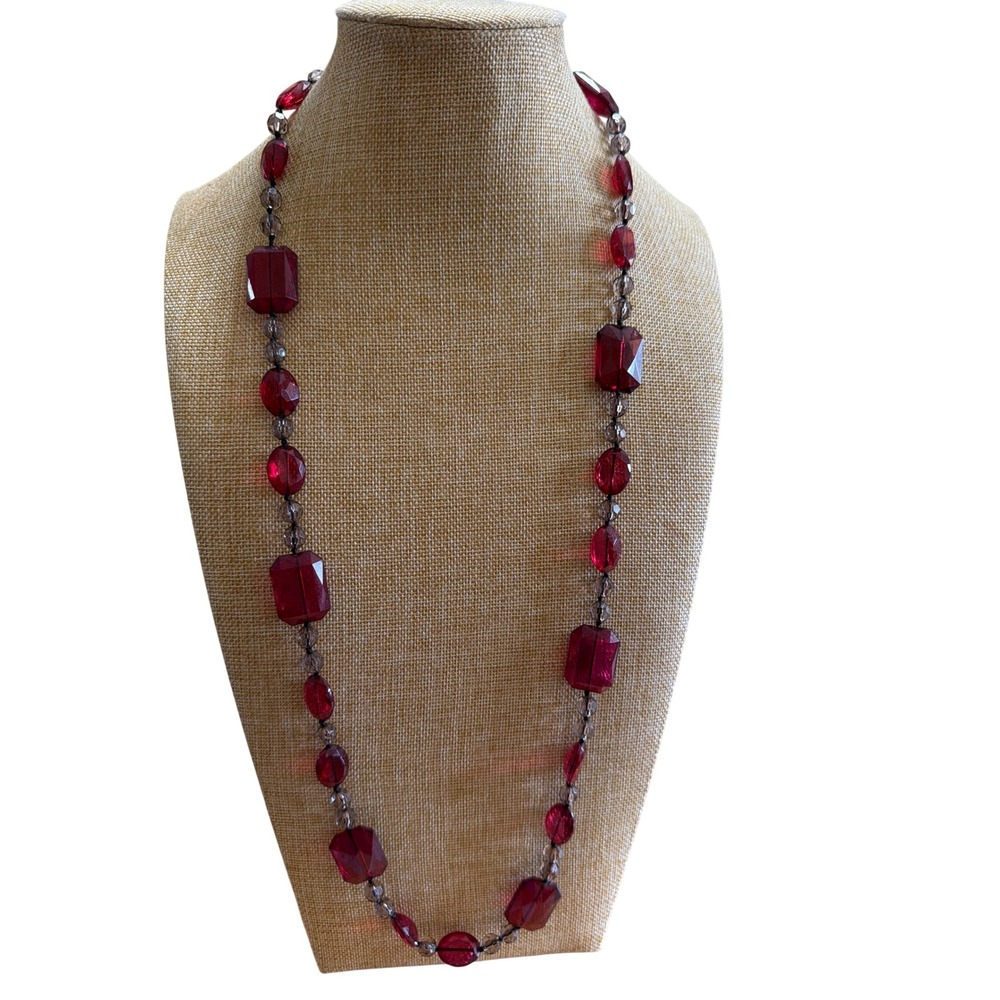 Ruby Red and Smoky Grey Faceted Beaded Long Statement Necklace Layering Elegant